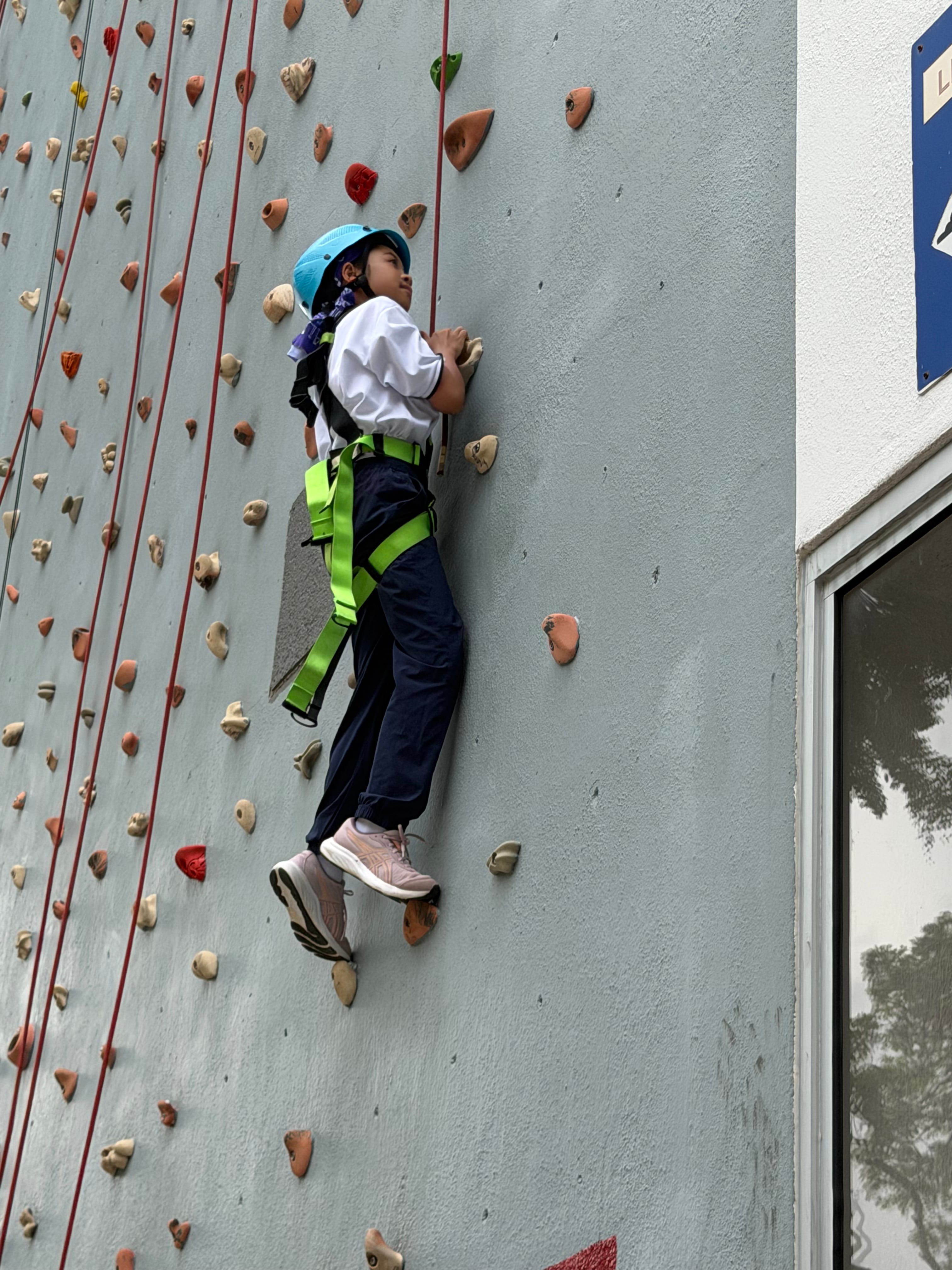 One handhold at a time, a student steadily makes their way up the climbing wall.
